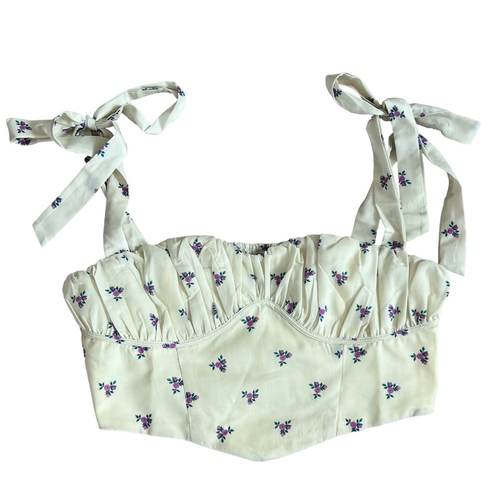 Princess Polly Cream Floral Tie-Strap Top